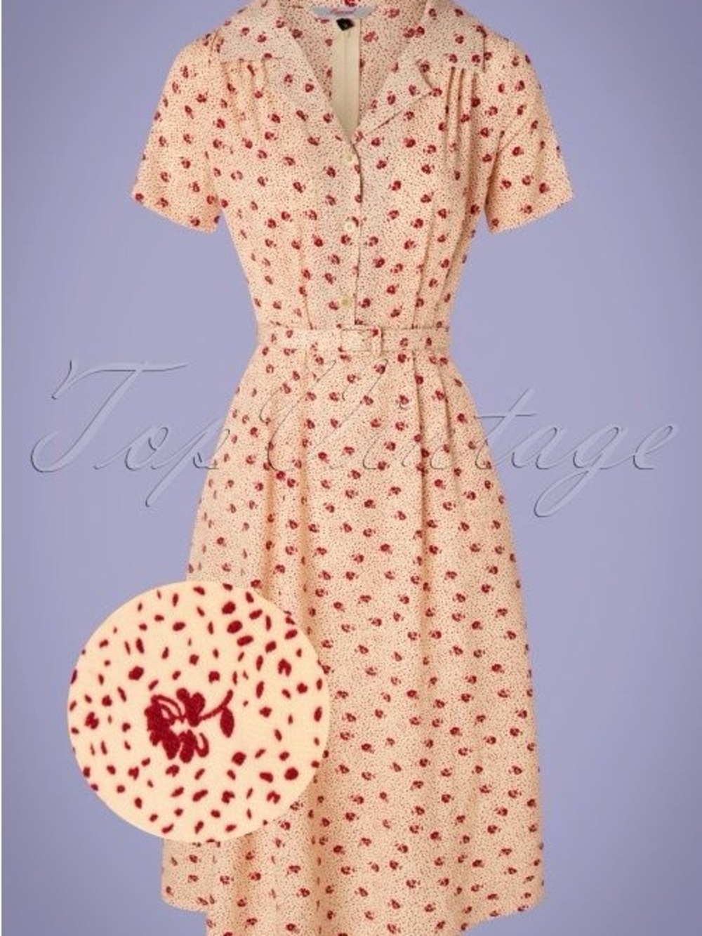 Cream Floral Belted Vintage-Inspired Shirt Dress